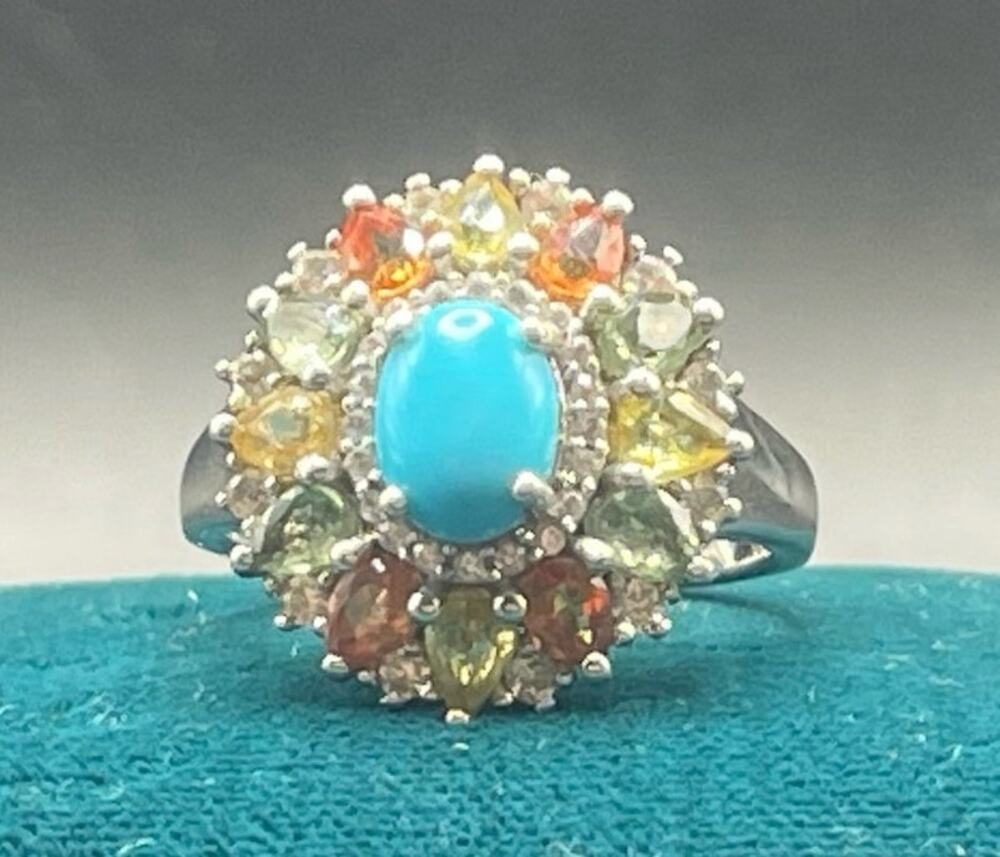 925 Sterling Silver Gemstone Ring Blue Glass Center Cabochon US Size 9 Band 5.8g
